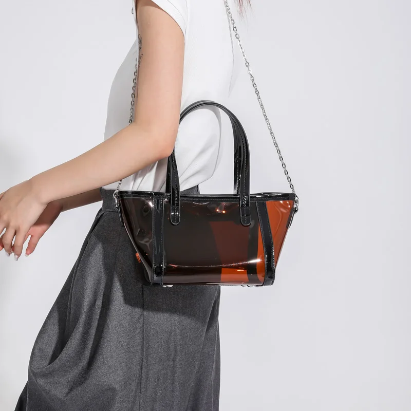 Brown Clear Tote Bag Transparent Shopping Bags Shoulder Handbag PVC  Waterproof Storage Bag for Gift Cosmetic