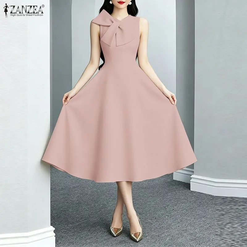 2026 Summer Sleeveless Bows Party Dress ZANZEA Elegant Women OL Work Midi Dresses Stylish Solid A Line Holiday Sundress Vestido 3