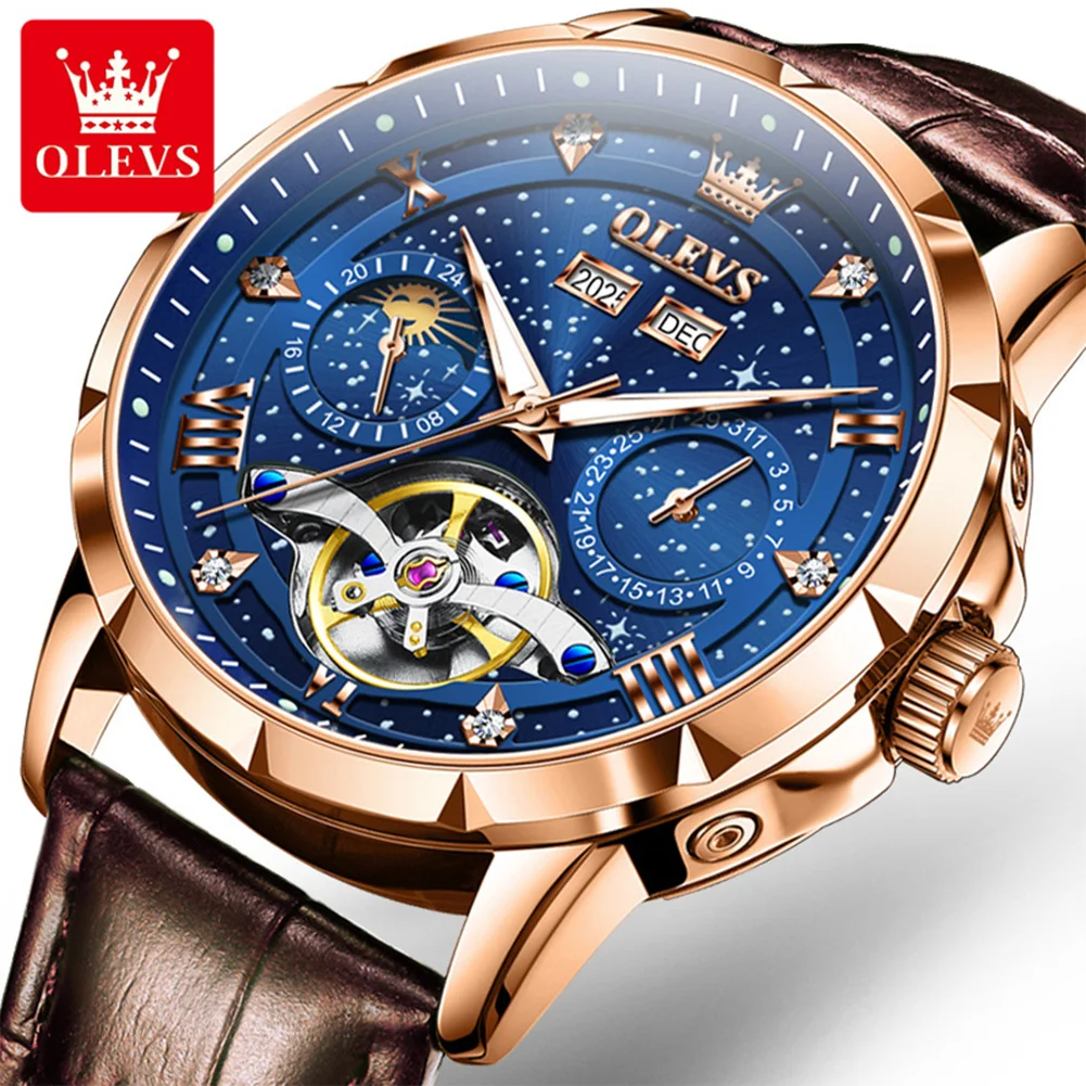 OLEVS 6690 Men's Watch Fashion Business Date Moon Phase Mechanical Men Watches Luxury Hollow Original Waterproof Watch For Men