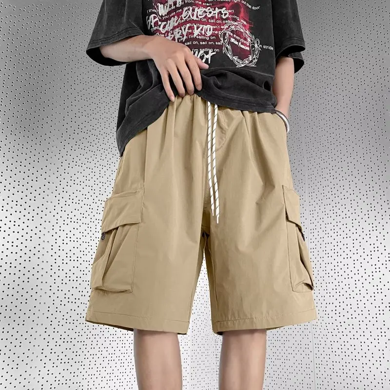 Summer New Men's Solid Color Cargo Trousers Fashion Trendy Loose Spliced Pockets Elastic Drawstring All-match Comfortable Shorts