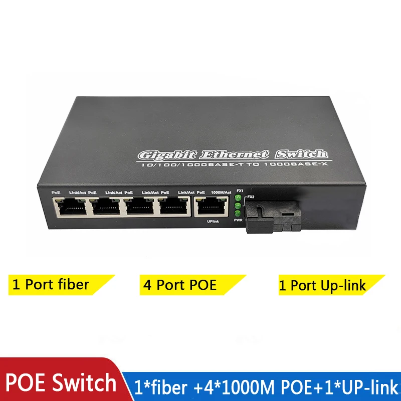 poe switch 1 SC fiber port 5 RJ45 Gigabit ethernet poe 10/100/1000M media conve