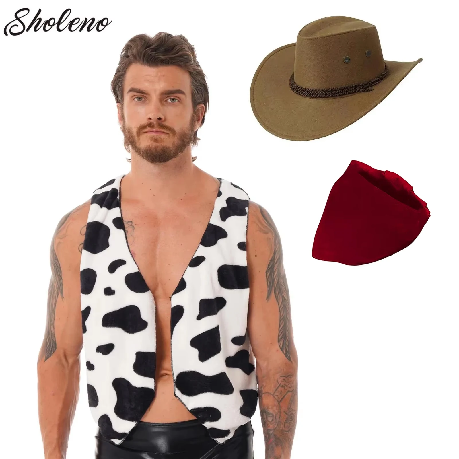 Men's Cowboy Cosplay Costume Set - Halloween Western Outfit with Waistcoat, Hat, and Bandanna Scarf