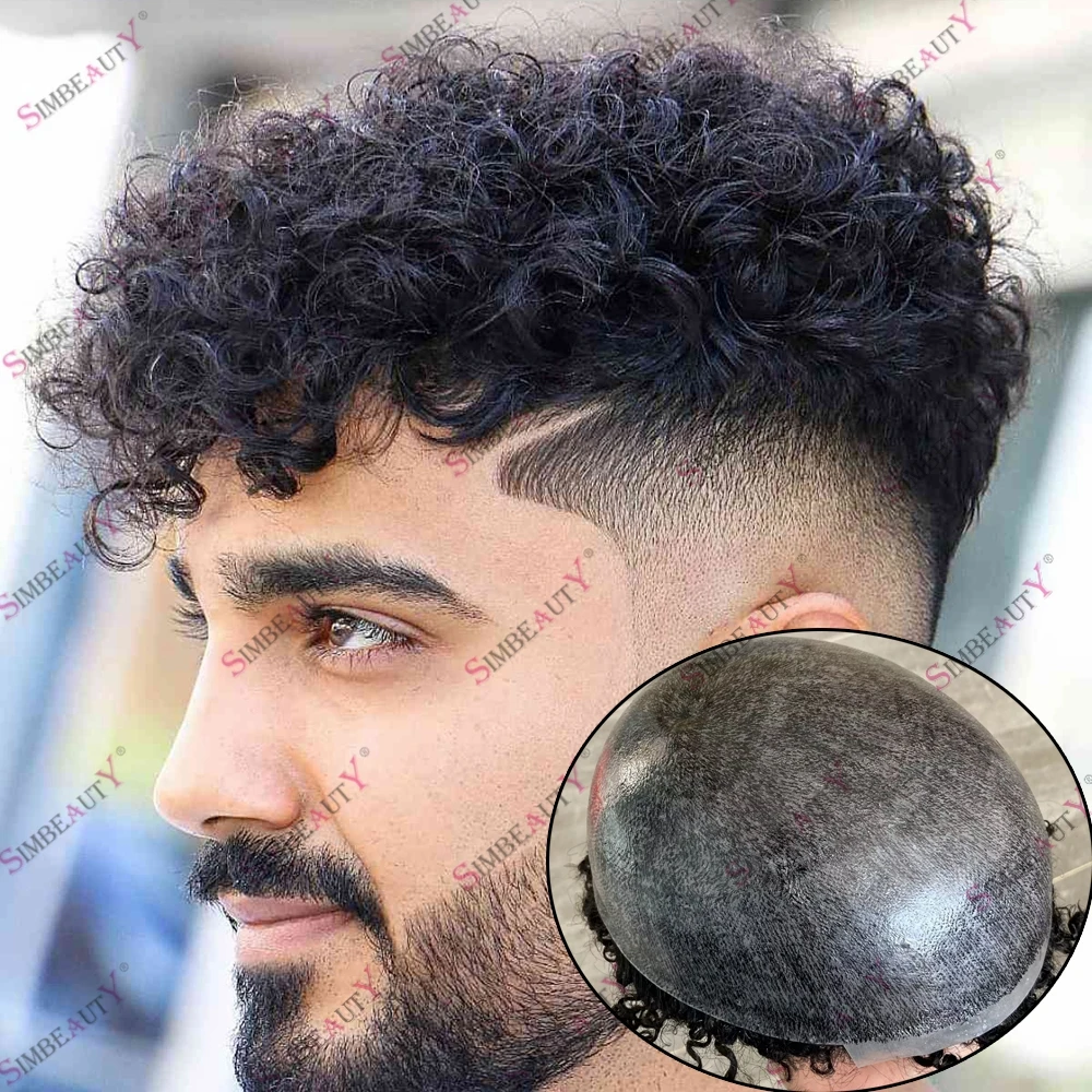

Afro Men Human Hair 15mm Curly Brown Durable Poly Full Skin Base Natural Hairline Men's Toupee Wig Human Hair Toupee for Men