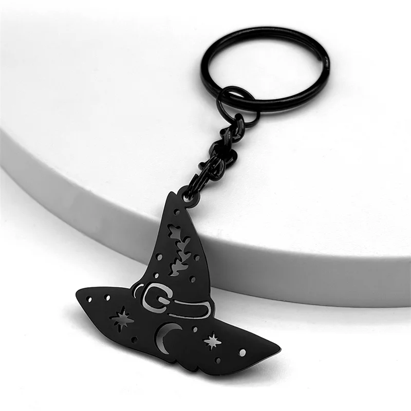 Magischer Mond-Stern-Hexenhut-Schlüsselanhänger für Damen und Herren, Edelstahl, schwarze Farbe, Hexerei-Schlüsselanhänger, Halloween-Schmuck, Geschenk – Detail 8