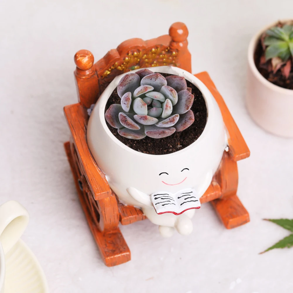 Smile Face Flower Pot Creative Cute Head Planter Decorative Flower Pot Rocking Chair Coffee/Bench Reading Succulent Resin Pots