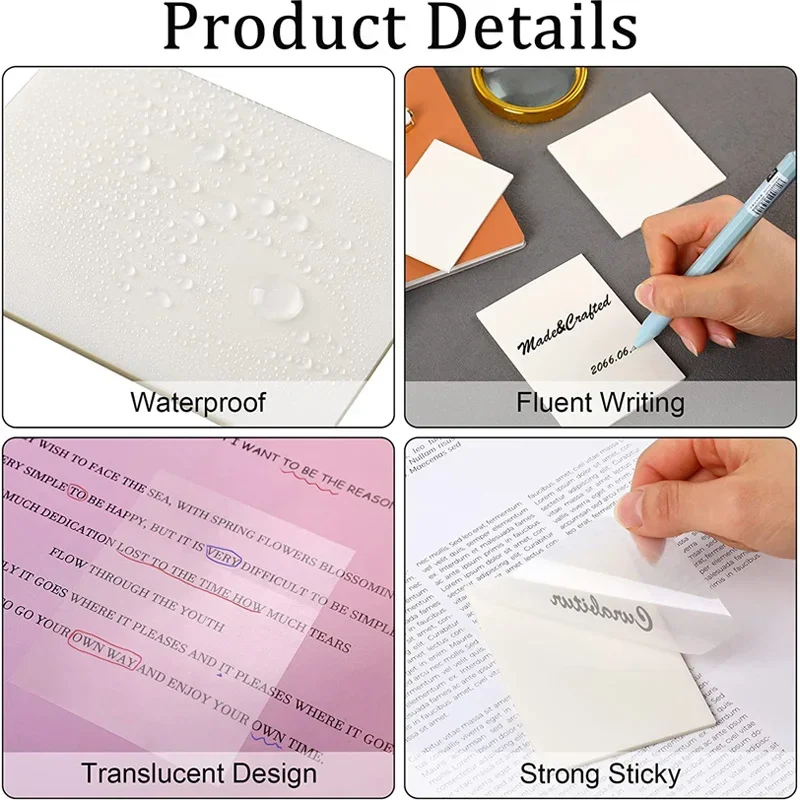 Transparent Sticky Notes Waterproof Self-adhesive Sticky Notes Notepad Information Reminder Suitable for School Office Memos