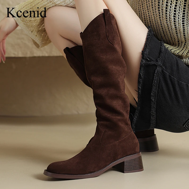 

Kcenid 2024 Women Knee High Boots Long Boots Fashion Suede Square Heel Side Zipper Shoes Woman Autumn Winter Boots Size 33-43