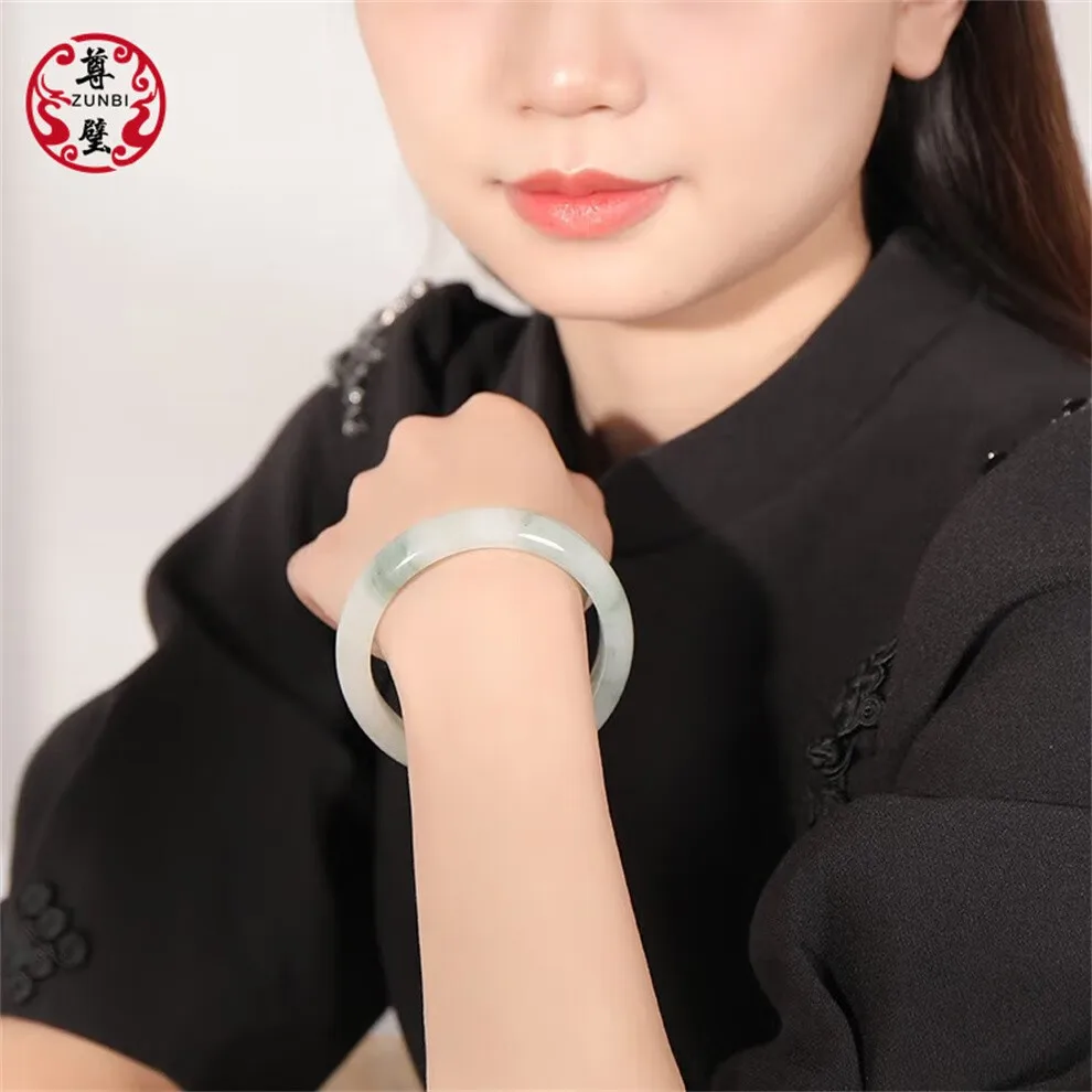 Ice Transparent Tianshan Jade Bracelet Wide Strip Flower Bracelet for Girlfriend