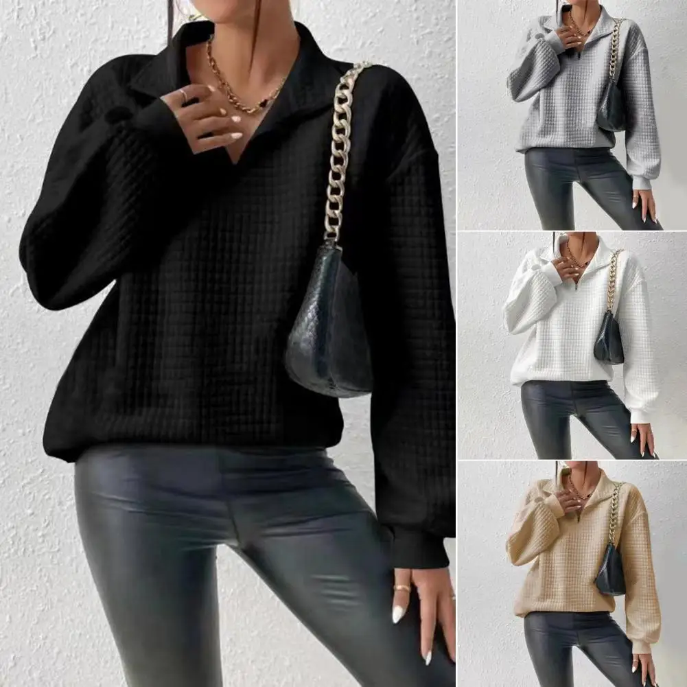 

Fall Winter Women Sweatshirt Zipper Turn-down Collar Loose Solid Color Thick Warm Pullover Long Sleeve Casual Lady Top