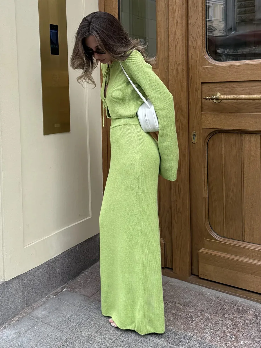 Bornladies Knit Lace Long sleeved Skirt Set Autumn Women's  Trumpet Sleeve Cardigan Split Half Length Skirt Set