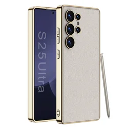 Luxury Plating Vegan Leather Phone Case with Soft TPU Edge and Anti-Drop Protection for Galaxy S25 Ultra (Gray)