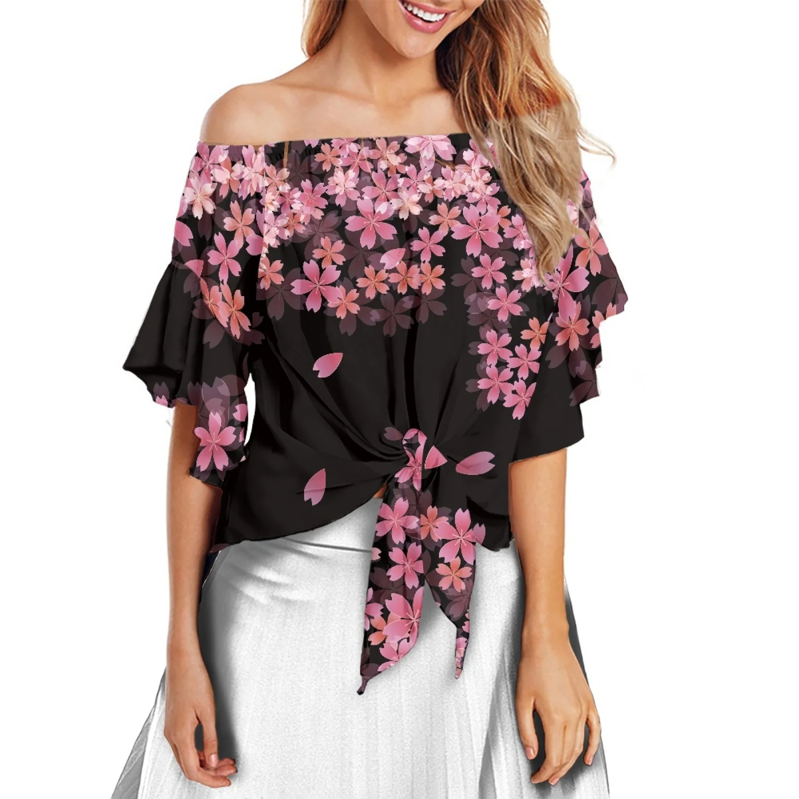 Cherry Blossom Pattern Chiffon Top Polynesian Tribal Print Fashion Off-The-Shoulder Holiday Travel 2022 Customized For Women