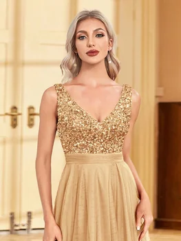 فساتين سهرة رسمية أنيقة بدون أكمام ترتر طول الأرض فساتين سهرة فاخرة على شكل حرف v لحفلات الزفاف وحفلات الكوكتيل 6