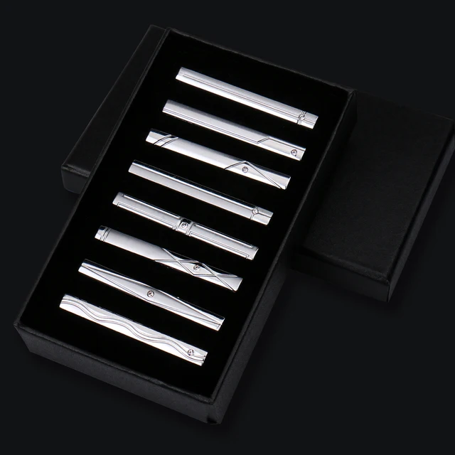 8pcs Tie Clips Metal Diamond With Box For Men Wedding Mens Necktie Clips Set Chrome Stainless Steel Jewelry Gentleman Ties Pin