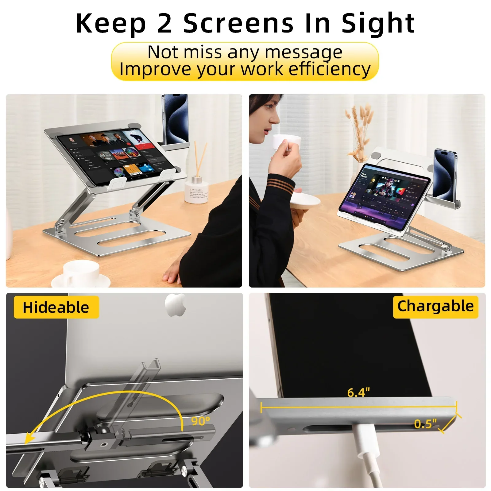 Eary Aluminum Metal Laptop Stand With Phone Holder For Desk Ergonomic Multifunctional Foldable Ventilated Cooling Computer Base