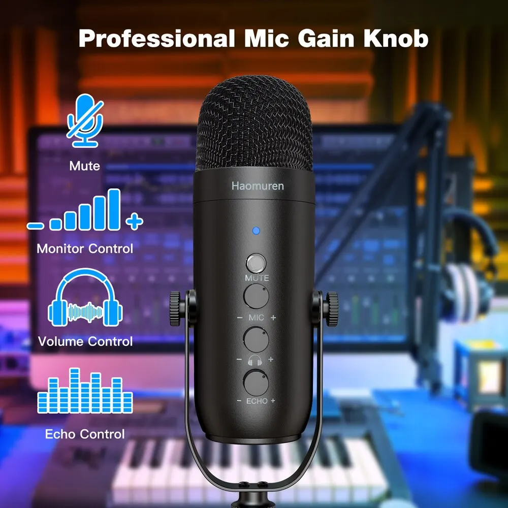 Haomuren Microfono Dinamico XLR/USB Per Podcast E Gaming – Con Luce RGB, Tasto Muto E Supporto Desktop