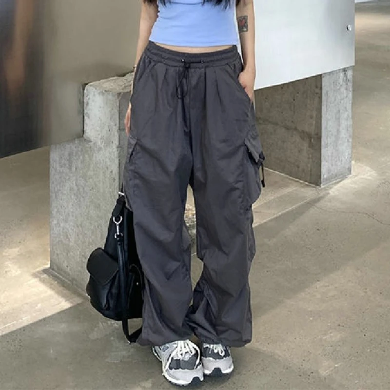 Women's Retro Baggy Straight Trousers Casual Cargo Pants Wide Leg Pockets Joggers Streetwear New Fashion Y2k