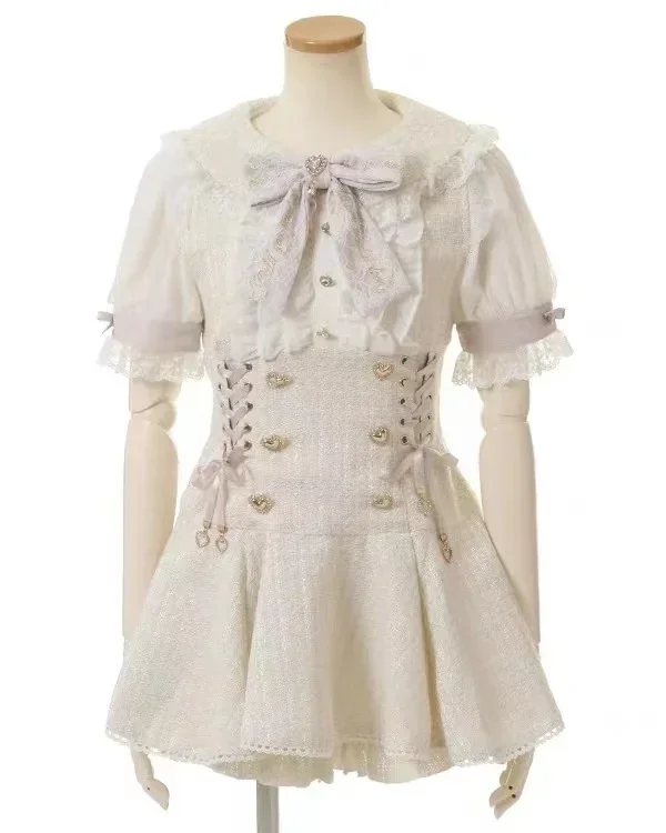 Japanese Mine Mass-Produced Short-Sleeve Shirt Dress Shorts Set Women Sweet Liz Doll Collar Bow Shirt Dress Two-Piece Suit 2