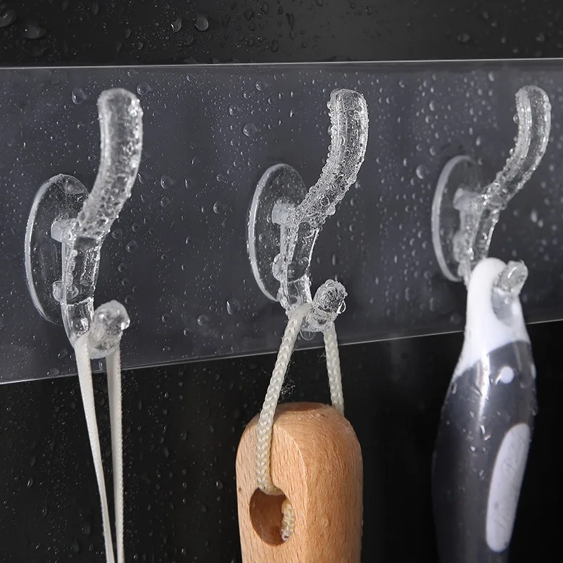 Description Picture 4 of item1pcs Punch-free Strong Traceless Sticky Hooks Clear Plastic Glue Hook Kitchen Bathroom Nail-free Wall Hanger 3/5/6 Row Hook Rack