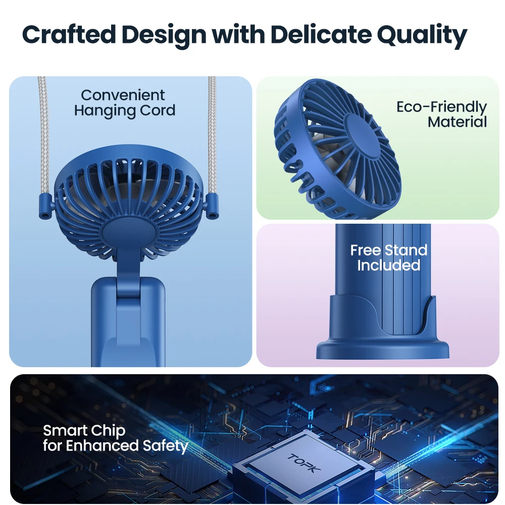 TOPK 5000mAh Mini Portable Fan USB Rechargeable Hand Held Fan,Small Pocket Fan 3 Speeds with Lanyard &Base,USB Desk Fan Foldable 3