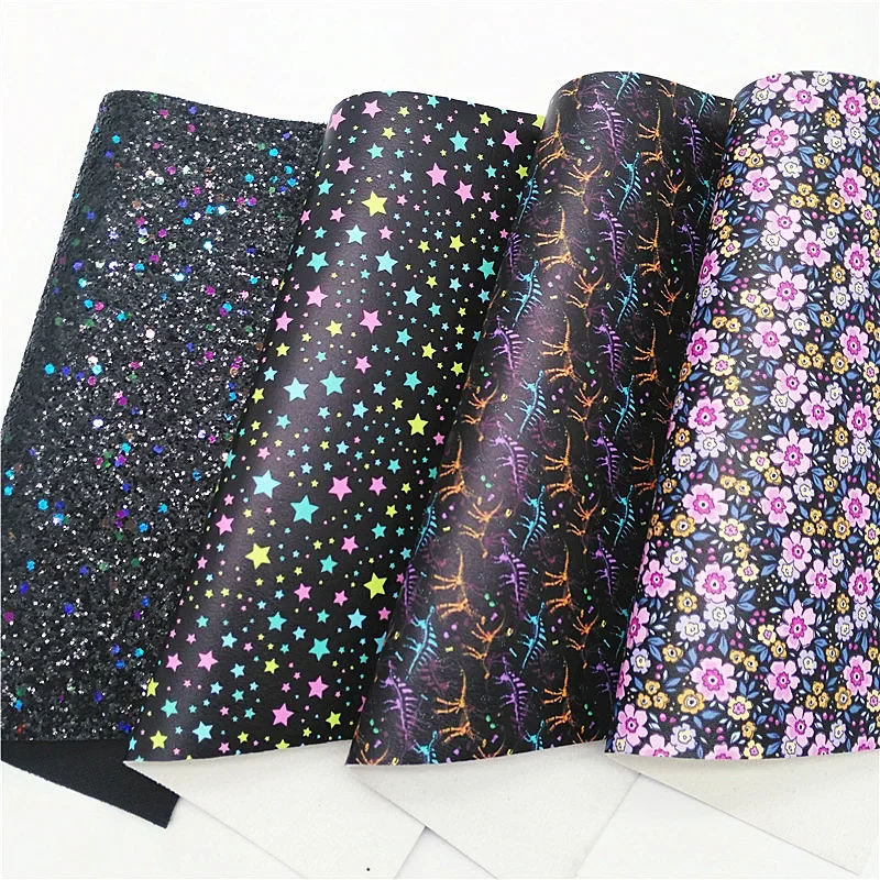 Black Glitter leather Stars Pritned Glitter Faux Fabric Flowers Printed Synthetic Leather Sheets For Bows DIY 21x29CM Q381