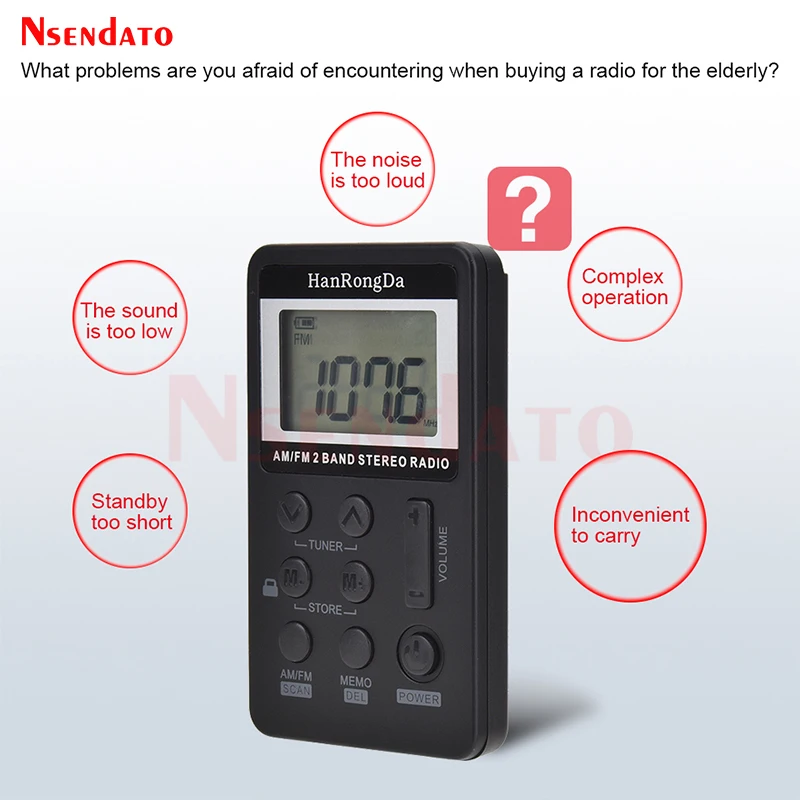HRD-103 2 Band AM FM Digital Stereo Radio Receiver Portable Pocket Mini Radio With Headphones LCD Screen Rechargeable Battery