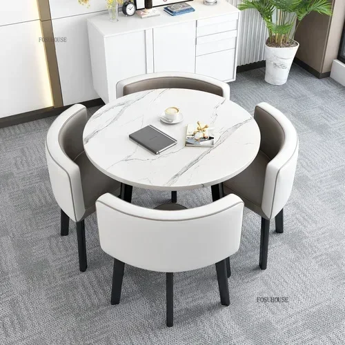 Conjunto de mesas de jantar redondas nórdicas, móveis para sala de jantar, cozinha, conjunto de mesa de jantar com 4 cadeiras, luz para casa, mesas centrais de luxo 7