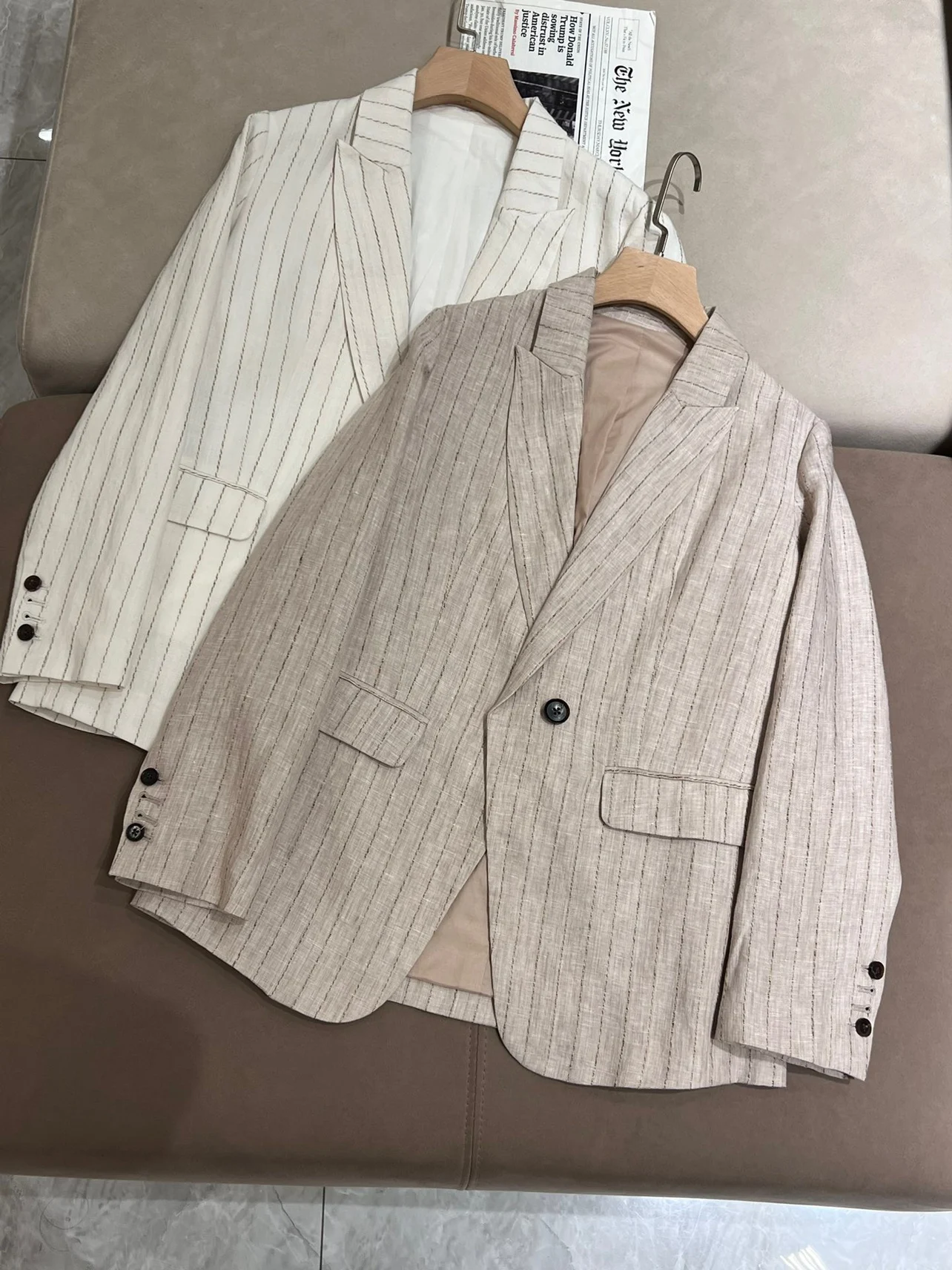 Spring 2024 Women\'s Suit Stripe Linen Blazer Jacket Pants Sets High Waist Wide Leg Trousers Female Clothing