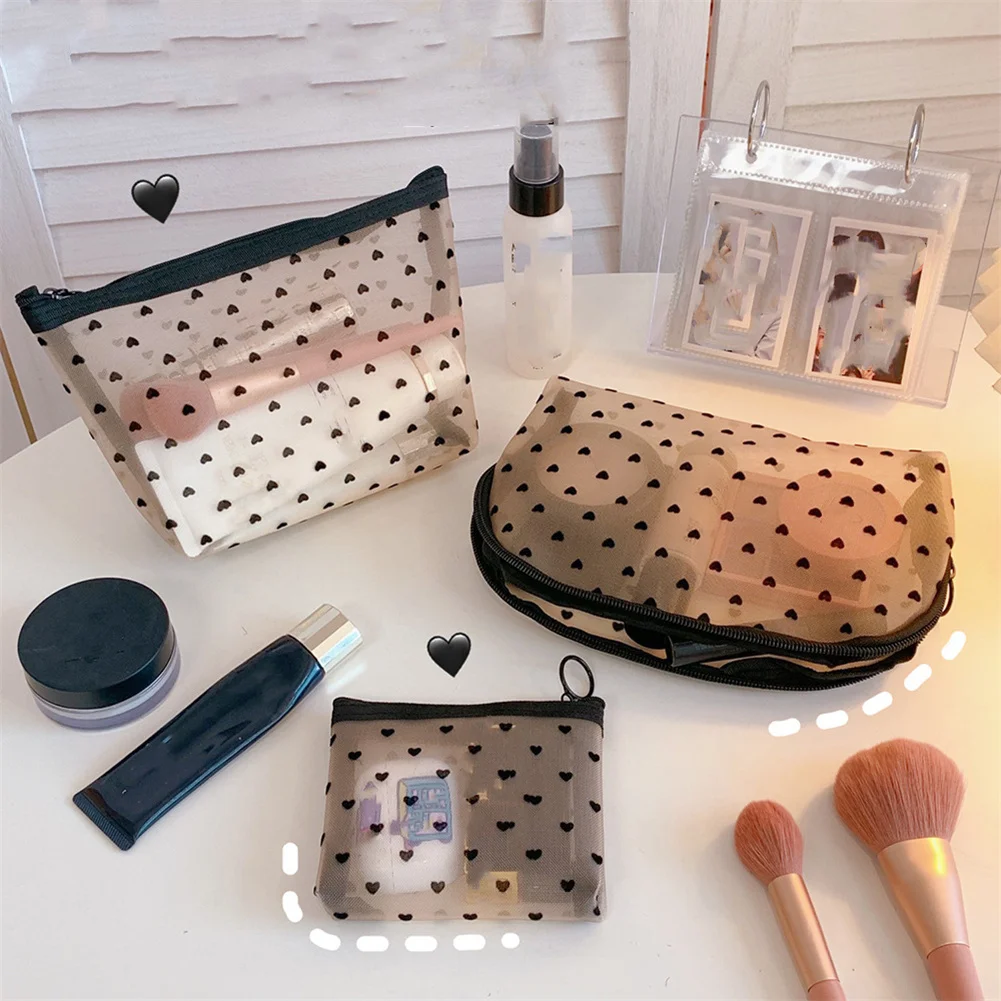 

Mesh Cosmetic Makeup Bags Case Holder Cute Transparent Zipper Black Heart Printed Pencil Pen Case Pouch Convenient To Carry
