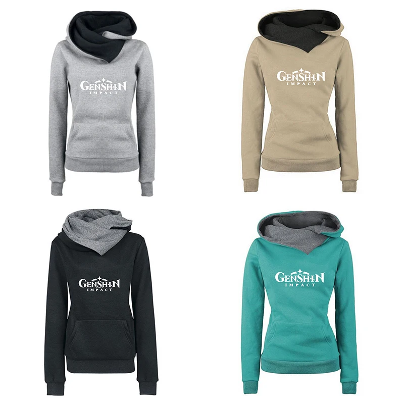 

Толстовки с аниме Genshin Impact, женский спортивный костюм, однотонные модные пуловеры с длинным рукавом, повседневные толстовки с капюшоном, топы