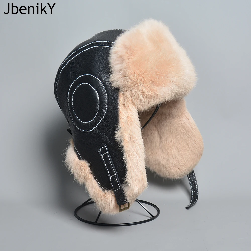 100% Real Rabbit Fur Winter Trapper Hat for Men Women Russian Fur