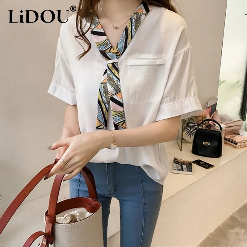 

Tops Women New Tee Spring Summer Loose V-neck Short Sleeve Patchwork Pocket Solid Color Elegance Office Lady Korean Style Casual