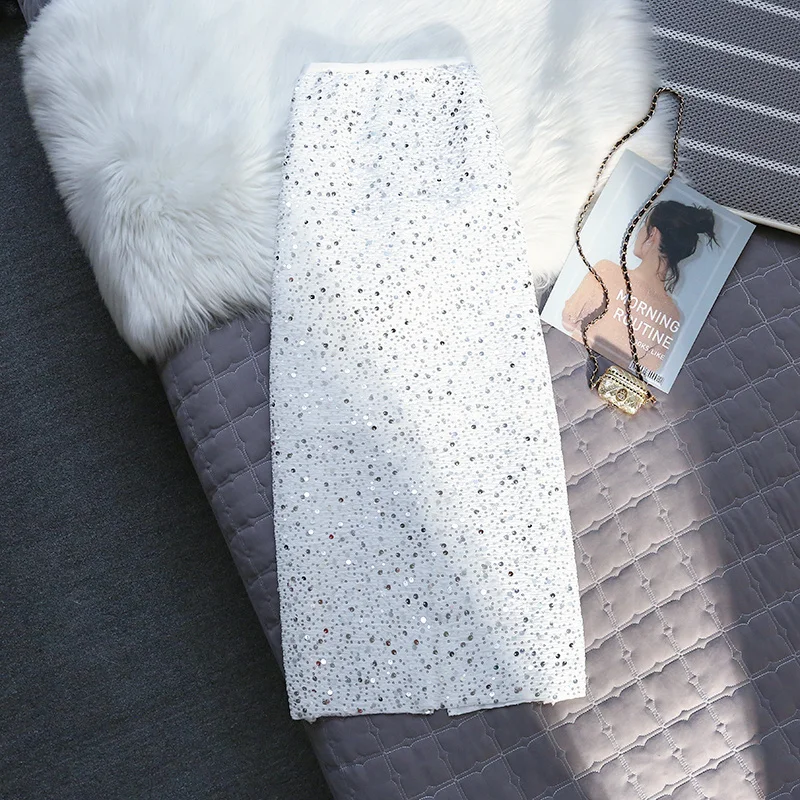 Fashion New Vintage Sequin Skirt Women Black White High Waist Elastic Straight Back Split Long Skirts Female