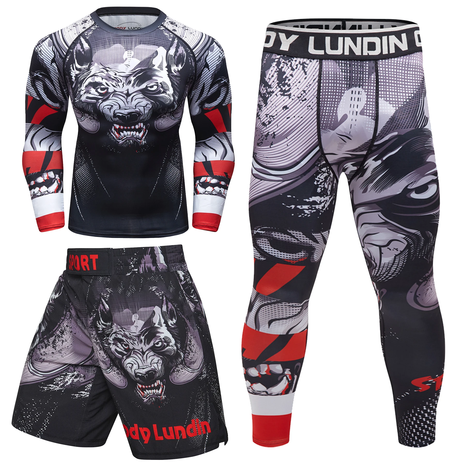 Hot Sale Boxing Training Kits Wolf Print Mma BJJ Rashguard Jiu jitsu T-shirt + Muay Thai Shorts Men Compression Combat Sportsuit 3