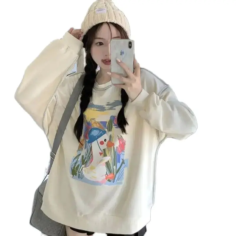 Y2k Kawaii Cute Duck Print O Neck Hoodies Spring Patchwork Women Long Sleeve Tops Japanese Sweet Contrast Color Sweatshirts