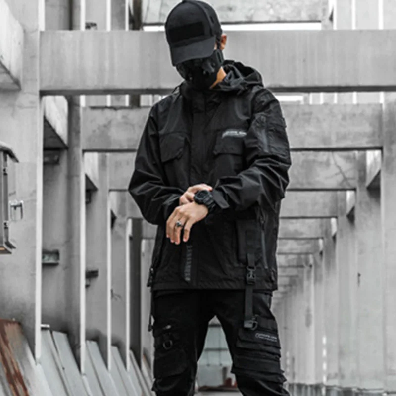 Techwear Reflective Jacket for Men Streetwear Black Hooded Waterproof  Windbreaker Retro Overalls Coats Loose Fit Couple Jackets - AliExpress