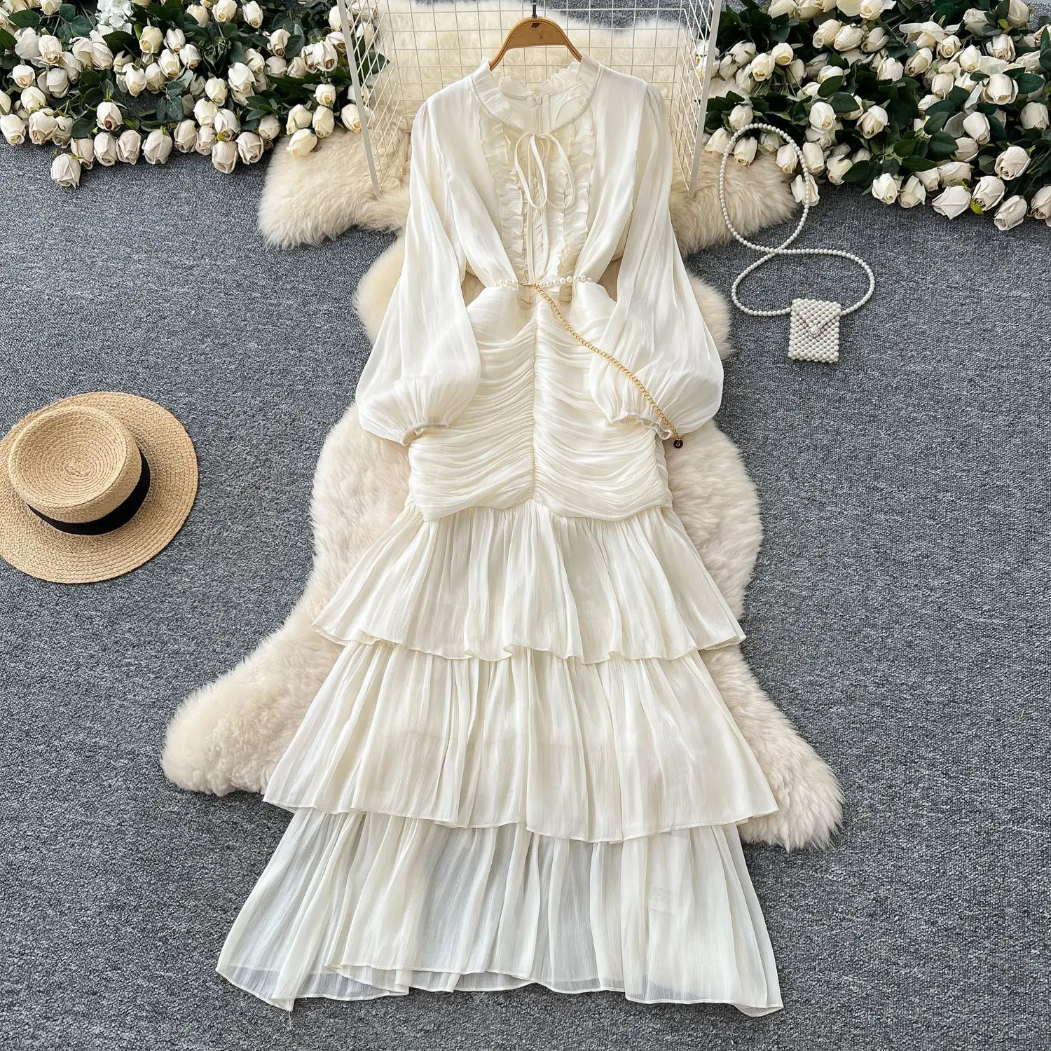Spliced Lace Dresses Lantern Sleeve Ankle Length Dress Women Solid Party Dress Sexy Wrap Buttocks 2025 Autumn High Waist