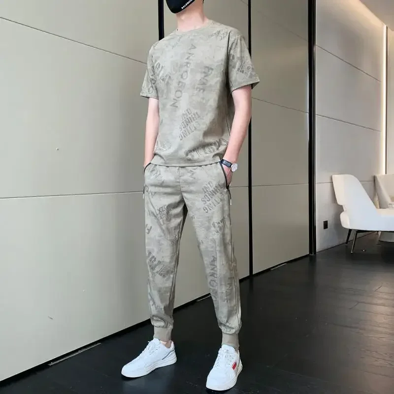 thumbnail image 1 of Conjuntos de pantalones Camiseta lisa para hombre Trajes deportivos grises Pantalones deportivos Top Chándal con alfabeto Ropa para hombre Estilo coreano 5xl Elástico, 1 of 4