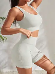 Ribbed Yoga Set: Women's Seamless Workout Outfit with Crop Tank & High Waist Shorts - S (WHITE)