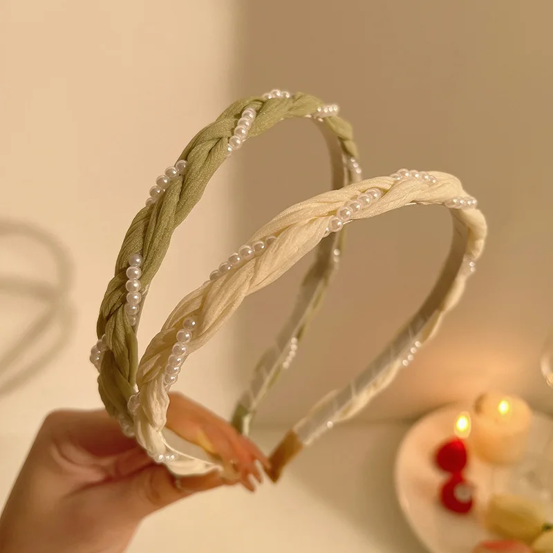

Pearl Green Woven Fried Dough Twists Hair Band for Girls Summer Pressing Hair Band Hair Clip Sweet Going Out High Grade Headband