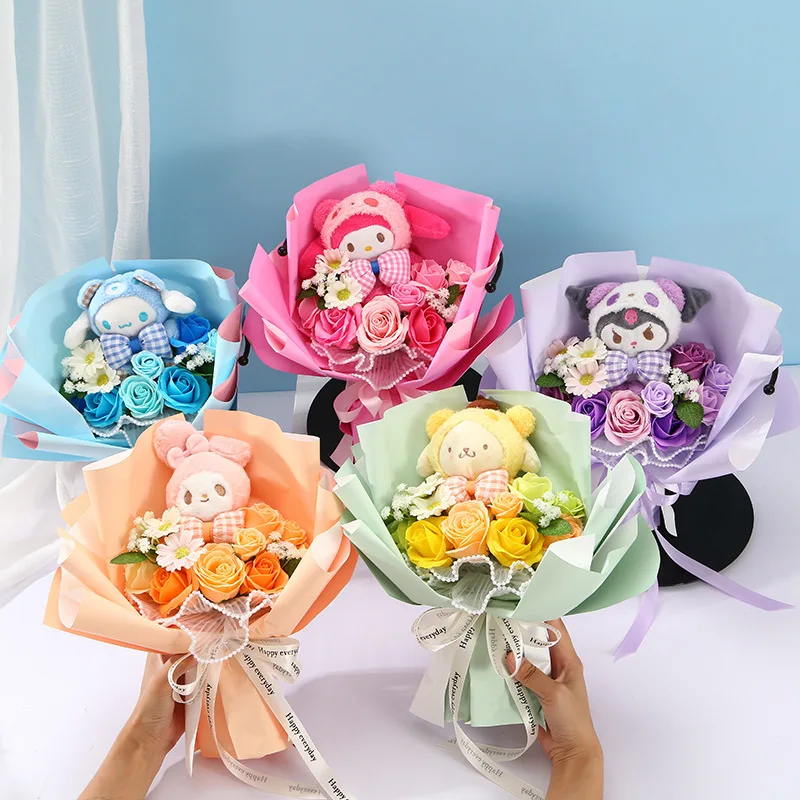 

Sanrio Kawaii Kuromi Cinnamoroll Plush Doll Bouquet Girls Festival Gift Cute Cartoon My Melody Soap Bouquet Gifts for Girlfriend