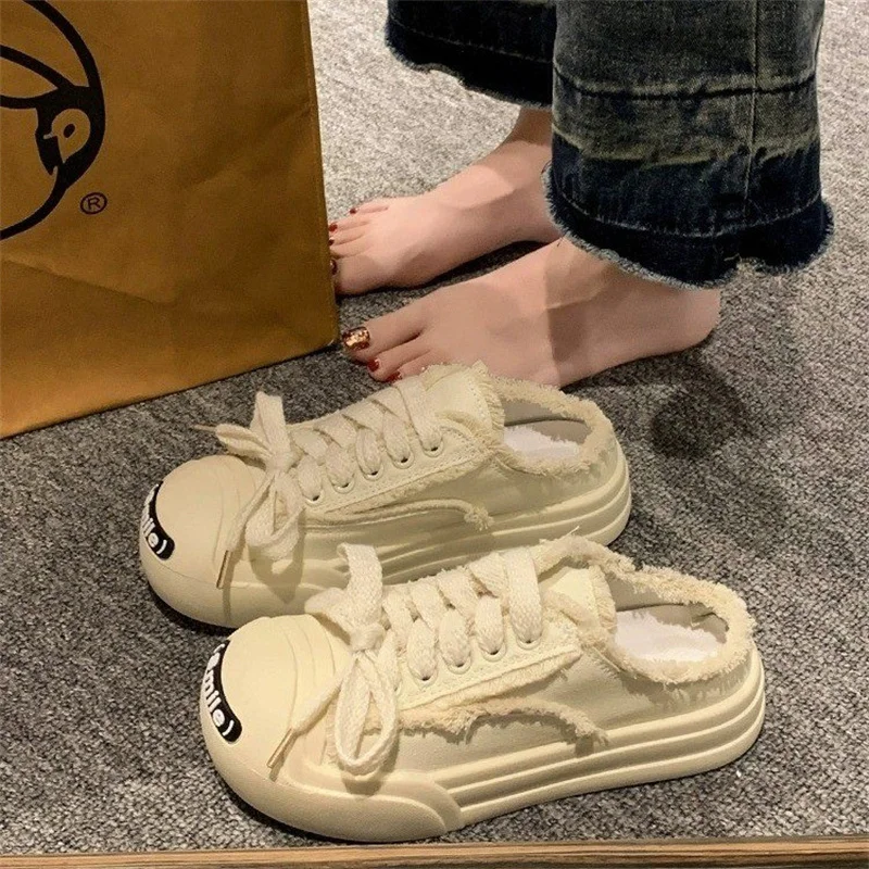 2023 New Summer All-match Beggar Shoes Temperament Baotou Half Slippers Women's Outer Wear Canvas Shoes