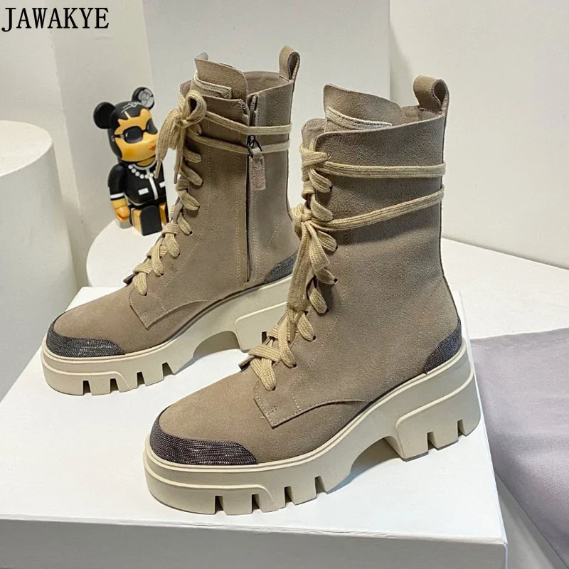 

Designer New Brand Combat Boots Women Round Toe Thick Sole Lace Up Chelsea Boots Winter Casual Comfort Motorcycle Boots Women