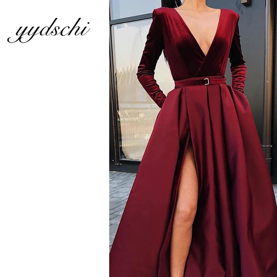 

Sexy V-Neck Prom Dress Simple Suede Pleat Floor Length Long SLeeve Elegant Birthday Split Party Dance Dress for Women With Belt