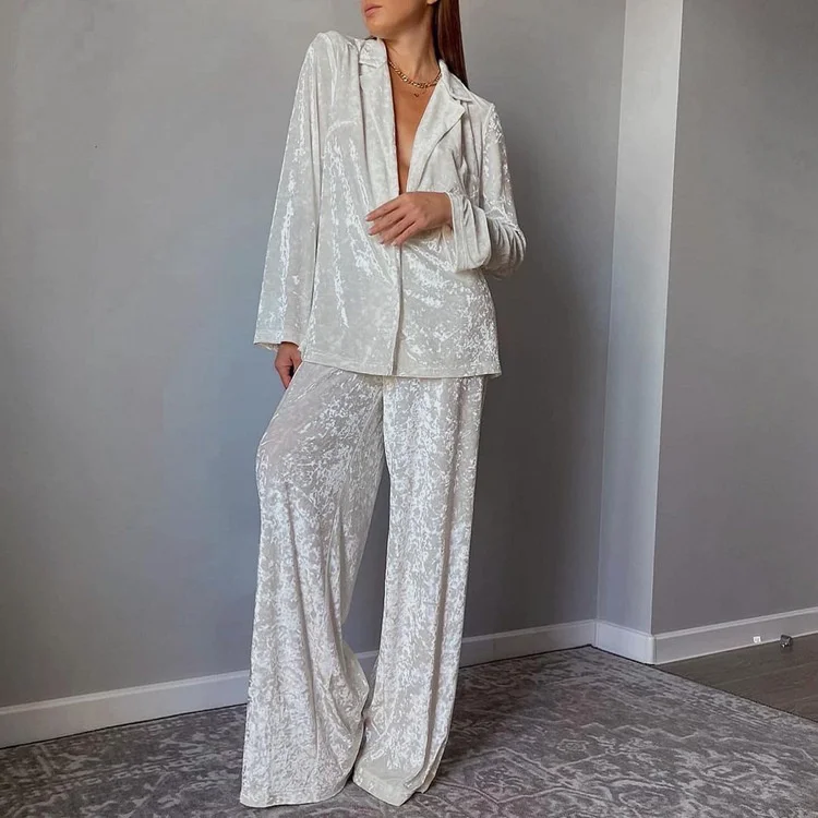 2023 Women's Early Spring Long Sleeve Loose Draping Top Wide Leg Pants Home Suit Casual Lazy Set Shirt 2 Piece Set folding chair lunch break bed office multi function lazy adult home cool summer happy nap chair