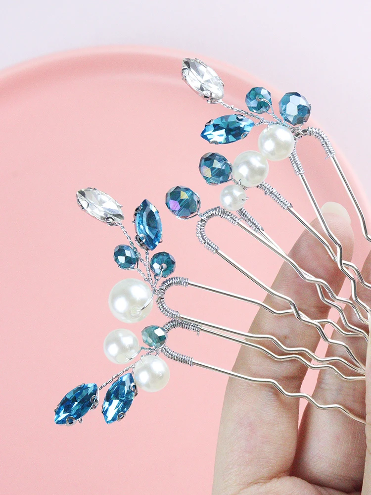 5PCS Light Blue Hair Pins for Women Rhinestone Head Jewelry Handmade Pearls Wedding Hair Accessories Party Bride Clips