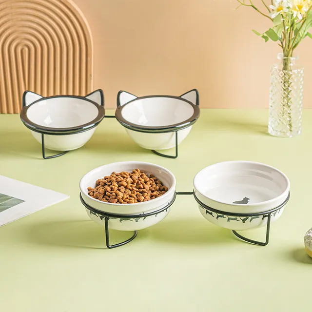 Cute Paw Print Cat Bowl Cartoon Pet Ceramic Bowl Iron Frame Double Bowl Dog Cat Universal High Quality Non-slip Bowl Pet Feeder 4