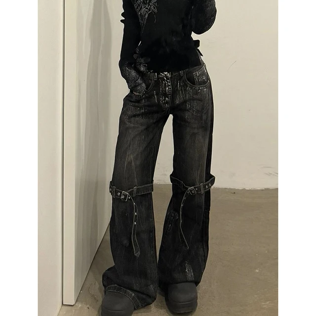Jean noir taille haute pour femmes, pantalon droit Hip Hop à la mode, Streetwear Harajuku Y2K Star 2024, pantalon en Denim à jambes larges 4
