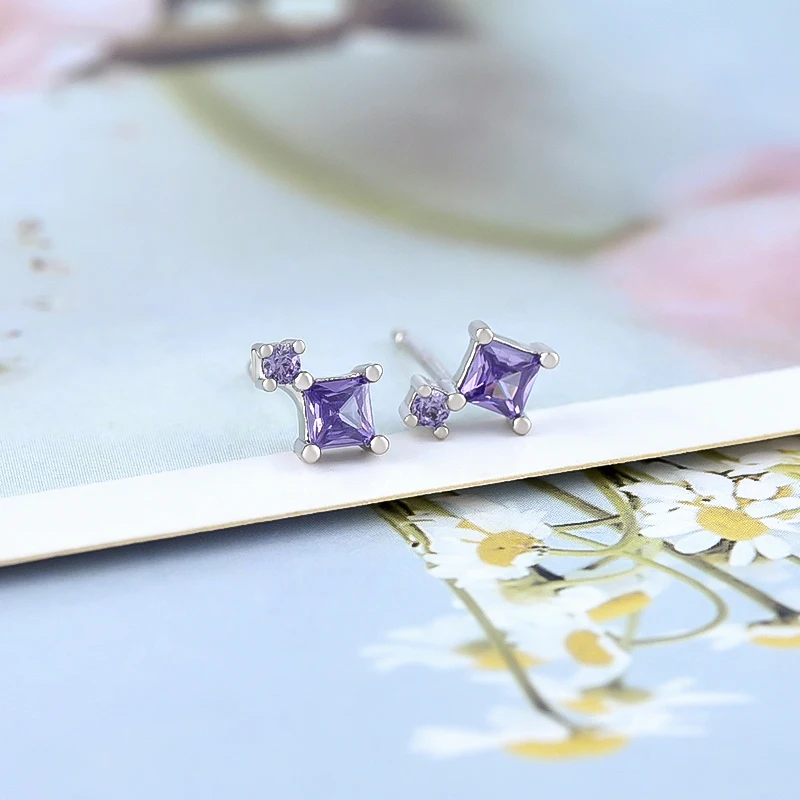 925 Sterling Silver Ear Needle Colorful Crystal Tiny Stud Earring