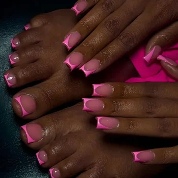 24Pcs French Pink Square Nail & Toenail Combo Kit, Removable Reusable Press On Nails For Daily Wear